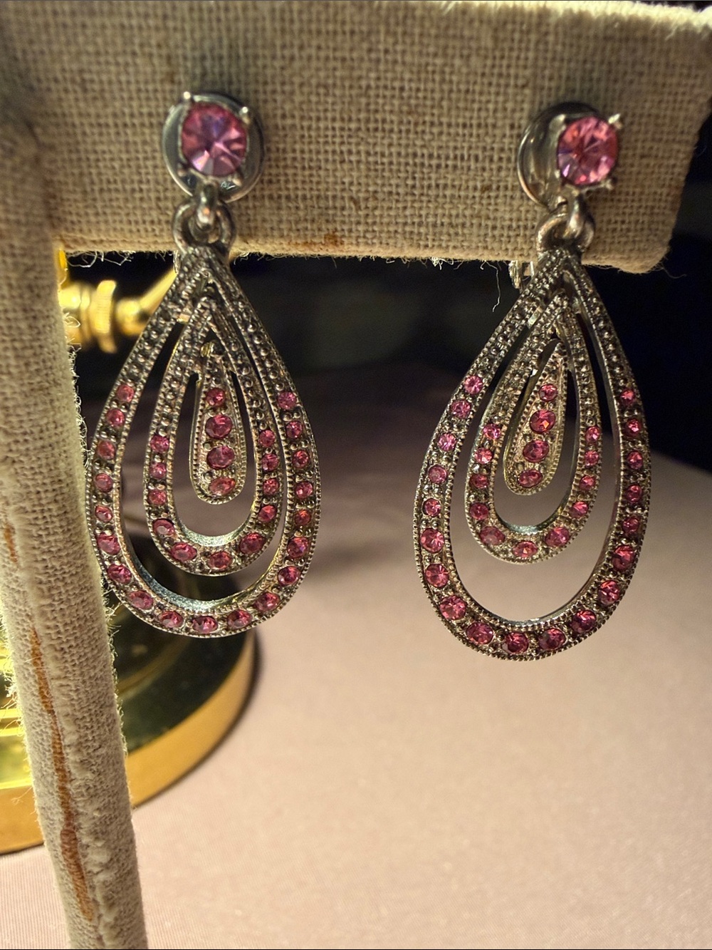 Pink Teardrop Dangle Earrings with Crystal Accents